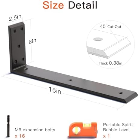 16 Inch Countertop Support Brackets 3 Pack, 3/8" Thick Floating L Brackets