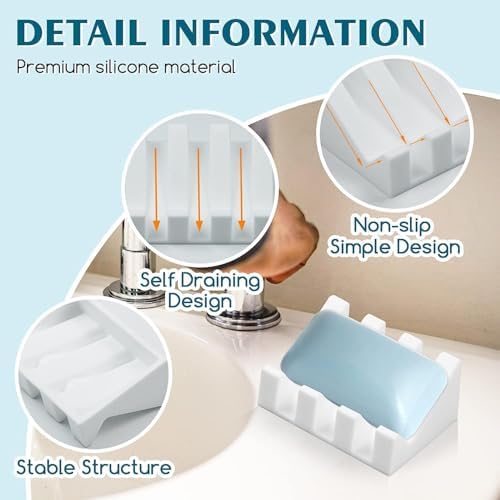 Self Draining Silicone Soap Dish Holder Waterfall Tray, 1 Pack White