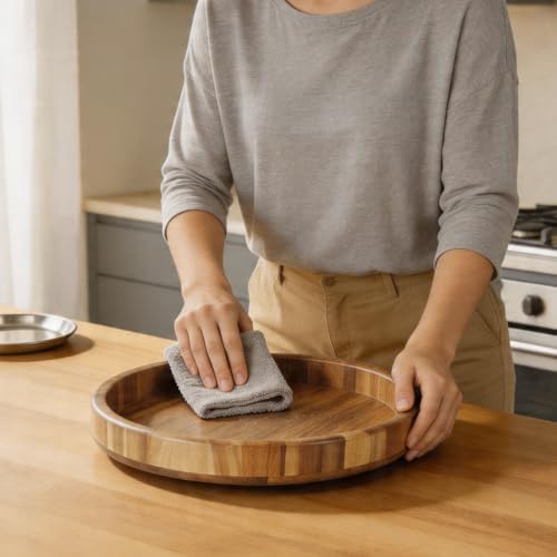 12'' Acacia Wood Lazy Susan Organizer Turntable for Cabinet, Round Wooden Spice Organization and Storage, Rotating Condi