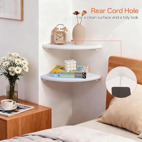Gieanoo White Corner Wall Shelf 16inch Solid Oak Wood Floating Corner Shelf with Wire Hole Corner Wall Storage Display S