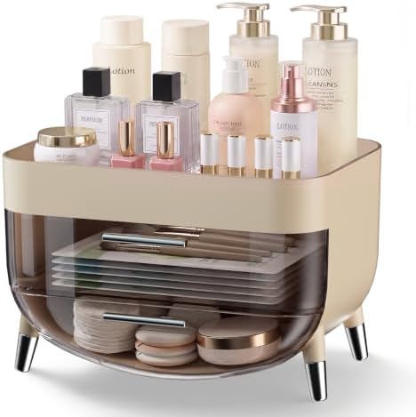 Jywantful Makeup Organizers for Vanity, Khaki Skincare Storage with Drawers