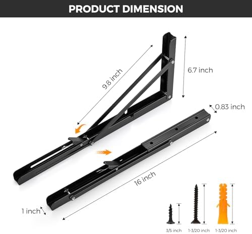 JOY DECOR Matte Black Folding Shelf Brackets, 16 Inch, 2 Pack