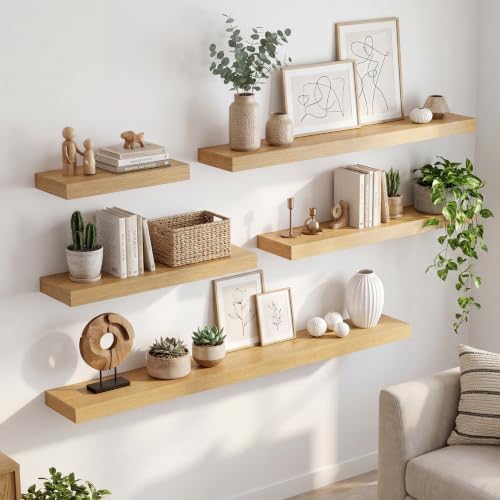 8 inch Deep Floating Shelves for Wall, 32" Wide, Oak Finish, 2-Pack