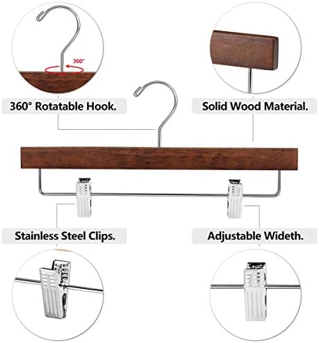 AMKUFO 20pcs Wooden Pants Hangers Solid Pants Hangers with Adjustable Clips 14 Inch Walnut Wood Skirt Hangers Trousers Bottom Hanger with Non-Slip Clips and 360° Swivel Hook