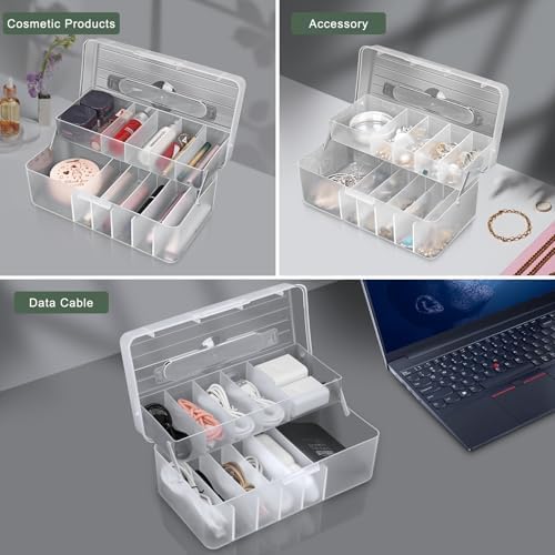 FYY Cord Storage Organizer Box - 11 Compartment Frosted Clear Cable Storage Organizer With Lid, High Capacity Dustproof 