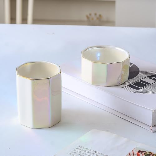 Desk Organizer Set of 2 For Office, Iridescence Pen Holder and Paper Clip Holder, Ceramic Cute Pencil Cup, Paper Clip Dispenser for Desktop, Makeup Brush Holder (Pearl)