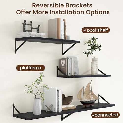 Axeman Deep Floating Shelves - 30 Inch Black Floating Shelves Set of 2-12 Inch Deep Wood Wall Shelves for Living Room Ba
