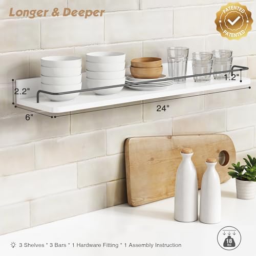 Forbena Floating Shelves for Wall 24 Inches Long, Modern White Wall Shelving Unit for Bedroom, Wood Hanging Shelf for Ki