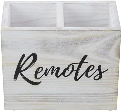 MyGift TV Remote Control Holder Organizer, Wood DVD Remote Caddy Storage for Table, 2 Large Compartment, Shabby Whitewashed Solid Wood with Black Cursive Remotes Label