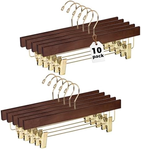 Quality Hangers Wooden Pants Hangers - 10-Pack Swivel Hook Cloth Hanger Set - Lotus Wood Skirt, Pant, Shorts and Slack Hangers with Adjustable Clip (Walnut - Gold Hook, 10)