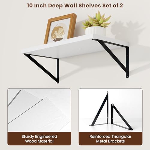 Axeman 20 Inch Floating Shelves, 10 Inch Deep White Wall Shelves Set of 2