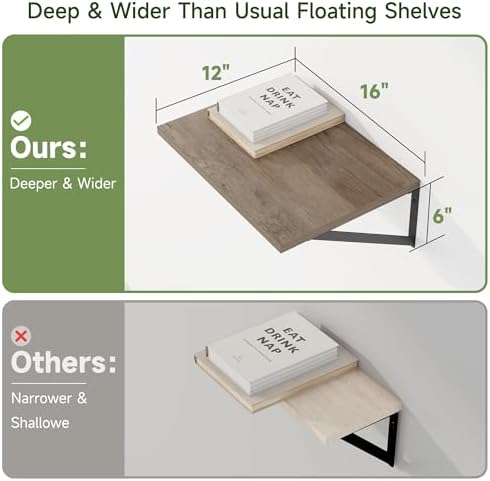 Heimlove 16W x 12D Deep Floating Shelves Set of 4 Grey