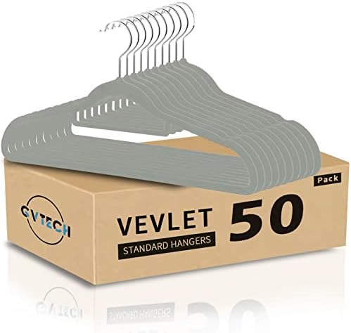 GVTECH Premium Velvet Hangers, [50 Pack] Non Slip and Heavy Duty Velvet Suit Hangers (45cm) with Tie Bar, 360° Swivel Hooks, Sturdy to Hold Jumper, Pullovers, Jackets & Hoodies (50 Pack, Grey)