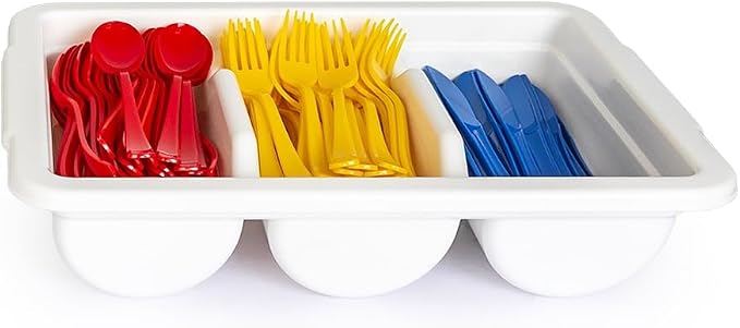 Commercial Cutlery Bin, 3-Compartment Restaurant Kitchen Drawer Flatware Tray, Silverware Storage Plastic Container, Condiments Holder, Utensil Organizer Box, White
