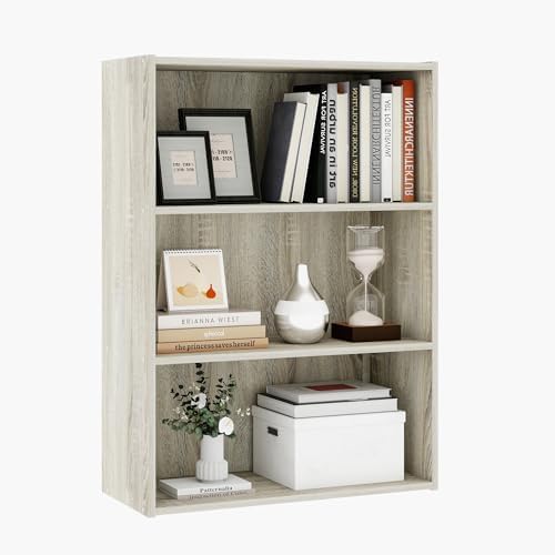 Wood Modern Bookshelf with 3 Display Shelves, Three-Tier Wooden Standing Bookcase, Bookshelf with Rustic Wood Shelves fo