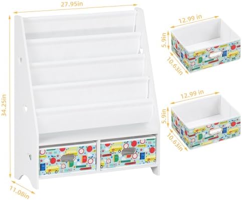 Lerliuo 5 Tier Kids Bookshelf, White Children Sling Book Shelf with 2 Drawers, Baby Toddler Wooden Bookcase and Book Rac