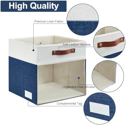Bagnizer Storage Cubes, 4 Pack Linen Foldable Storage Bins with Clear Window and 2 Handles, 13x15x13 Storage Cube Bins for Shelf Closet, Kallax, Clothes, Books - (Navy Blue / Off-White)