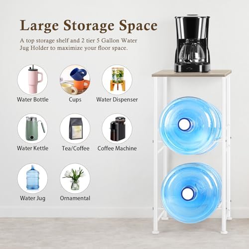5 Gallon Water Jug Holder Water Cooler Dispenser with Top Shelf, 5 Gal Water Bottle Holder with 2 Slots Metal Frame for 