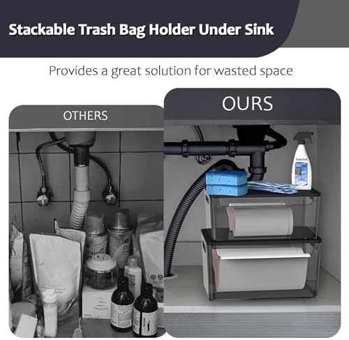 COAZEX 2 Pack Stackable Plastic Trash Bag Holder with Black Lids Under Sink