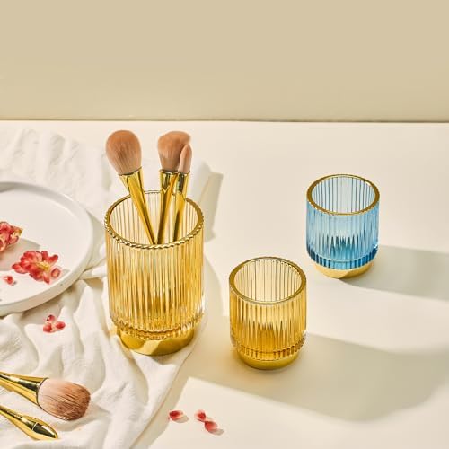 Makeup Brush Holder Organizer,Toothbrush Holders,Desk Pen Pencil Holder,Multifunctional Vintage Glass Brush Cup（S+L/Whit