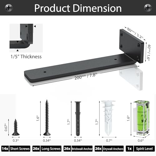 Floating Shelf Brackets 8 Inch 6 Pack, Hidden L Brackets for Shelves Black