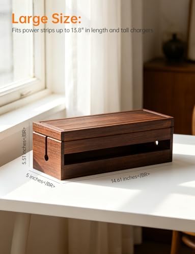 Wood Cable Management Box, Wire Organizer & Cable Hider Box with Lid, Power Strip Protector Boxs for Desk, Floor, Home, 