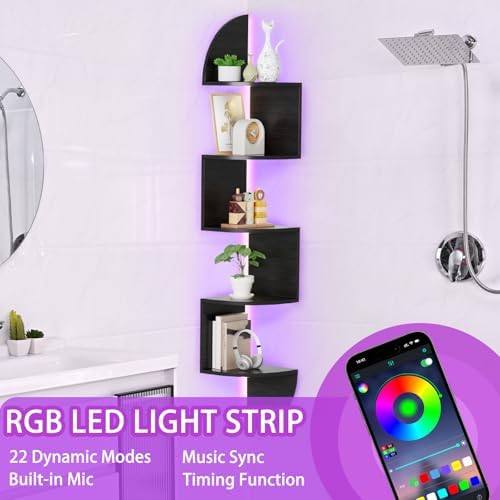 Waipfaru Corner Shelf, 5 Tier Bookshelf with LED Light, Corner Shelf Wall Mounted, Floating Shelves for Wall, Display St