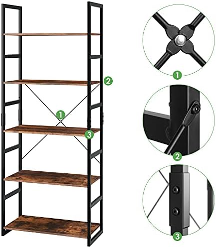 5 Tier Industrial Bookshelf, Modern Storage Shelf Organizer Wood Look Bookcase, Metal Frame Shelving Unit for Bedroom, L