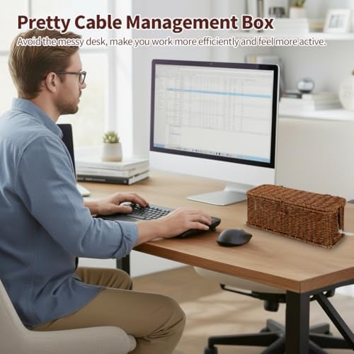Cable Management Box, Desk Handwoven Rattan Cord Hider Cable Organizer Box With Lid Button Lock, Power Strip Cover Wicke