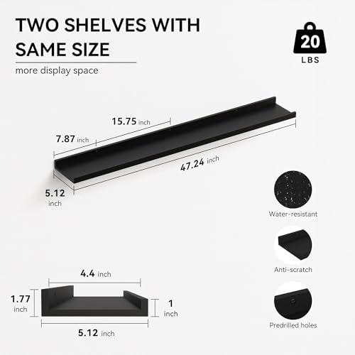 Boswillon Floating Shelves Set of 2, Long Wall Shelf with Lip, 48in, Black