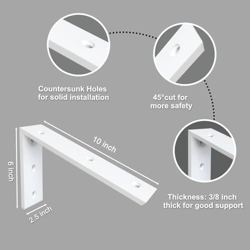 Heavy Duty Countertop Support Bracket 2 Pack - 10"x6"x2.5" White Granite/Quartz/Concrete/Laminate Shelf L Bracket