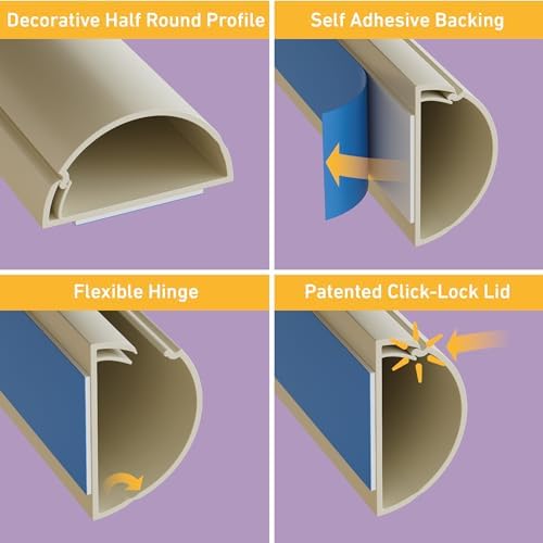 D-Line Half Round Cord Hider, Patented Cable Cover, Hide TV Wall Mount Wires, Raceway for Cords, Decorative Wire Covers,