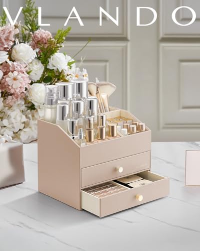 VLANDO 3-Layer Vanity Organizer with 2 Large Drawers for Vanity,Toffee