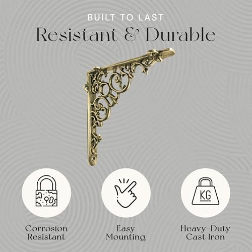 NACH Decorative Shelf Brackets, 4 Pack of 8 x 1.6 x 8 inch, Cast Iron, Brass Finish Shelf Support Bracket - Metal Shelf 