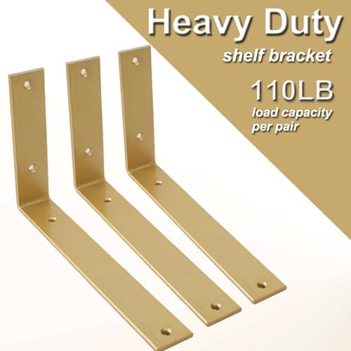Shelf Brackets 10 Inch Wall L Brackets 8PCS Heavy Duty for Shelves Metal Gold Rustic Industrial Brackets for DIY Opening