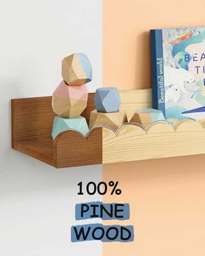 24 inch Scalloped Nursery Floating Book Shelves, Walnut Kids Wall Bookshelf