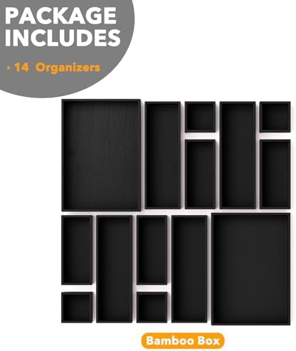 SpaceAid 14-Piece Bamboo Drawer Organizer Storage Boxes Set, Wood Tray Junk Drawer Organizers Multi-Use Divider Bins for Kitchen, Bathroom, Office Desk and Makeup Organization (14 Pack, Black)