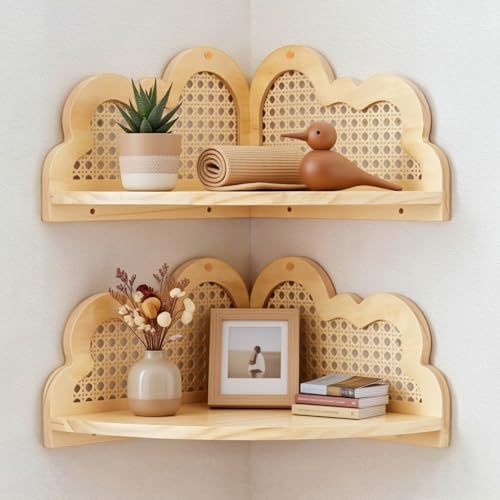 2 Pcs Cloud Floating Corner Shelf Set Boho Rattan Storage with Natural Pine Wood Frame Cute Corner Shelves for Wall Home