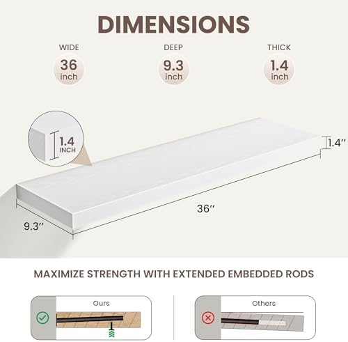 36 Inch Black Floating Shelves for Wall,9.3" Deep Long Floating Shelf Set of 2,Wood Wall Mounted Shelves Farmhouse Home 