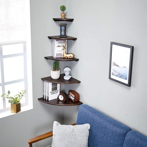 Corner Shelves, Floating Corner Shelf, Set of 2 Solid Oak Wood Wall Shelves, Round End Wall Mount with Wire Hole Shelvin