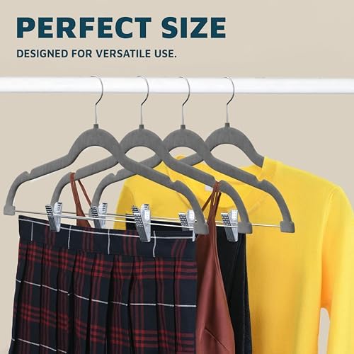 Lifemaster Velvet Skirt Hangers – with Adjustable Clips, 360 Degree Swivel Hook, and Non-Slip Shoulder Notch, Holds Up to 10 lbs, for Organizing Skirt, Pants, Dress, and Clothes, Pack of 50, Gray