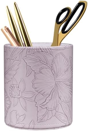Round Leather Pen Holder for Desk, Desktop Organizer,(Carved Purple)