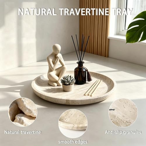 Vanity Tray for Bathroom, Dresser, Counter, Home Decor 10.24” D x 1.18”H Travertine Round Decorative Tray for Candles, P