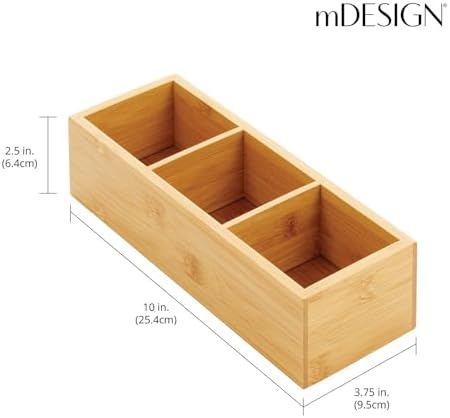 mDesign Slim Bamboo Wood Compact Food Storage Organizer Bin - 3 Divided Sections - Holder for Seasoning Packets, Pouches