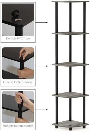 Furinno TURN-N-TUBE Corner Shelf, 5-Tier Corner Bookshelf, Open Storage Shelves, for Organization and Storage, Living Ro