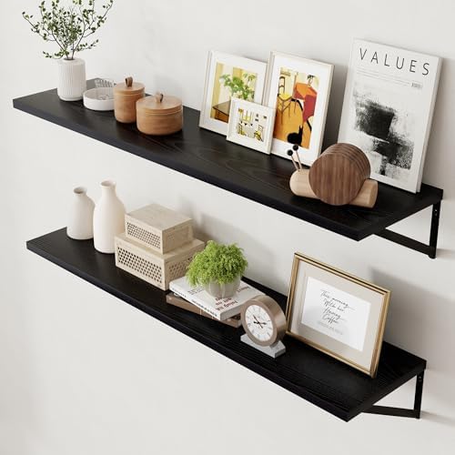Axeman Floating Shelves for Wall Black- 48 Inch Wide x 12 Inch Deep Wall Shelves Set of 2 - Black Deep Wood Floating She