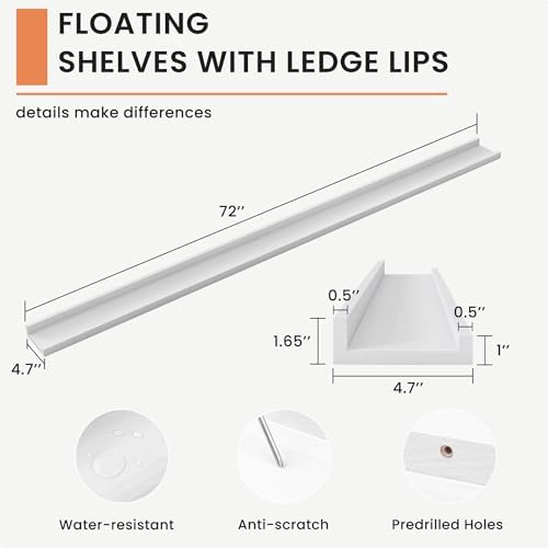 FLYJOE Picture Ledge Shelf, Floating Shelves Set of 2, Solid Ash Wood 72'' Long Large Nursery Book Shelves for Toys Storage, Kids Bookshelf for Living Room Bedroom Decor Books Photo Frames, White