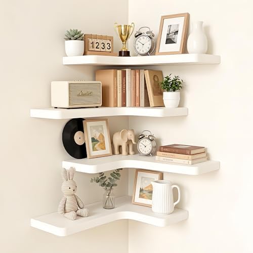 Floating Corner Shelves, Wall Shelf Set of 4, Shelves for Wall Storage, Solid Wood Shelves for Storage, Wall Mount Woode