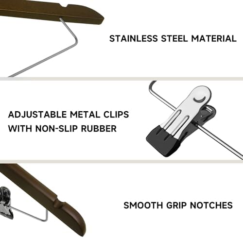 Wooden Hangers with Adjustable Metal Clips, 12-Pack, Walnut