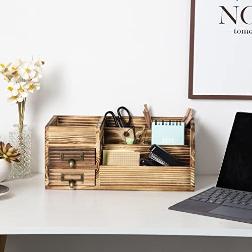 Distressed Rustic Wooden Office Desktop Drawers Organizer Wood Shelf Tabletop Home Organizer Storage with Multiple Compartments,perfect Jewelry storage Display Box for Desk, Vanity (Dark Brown)